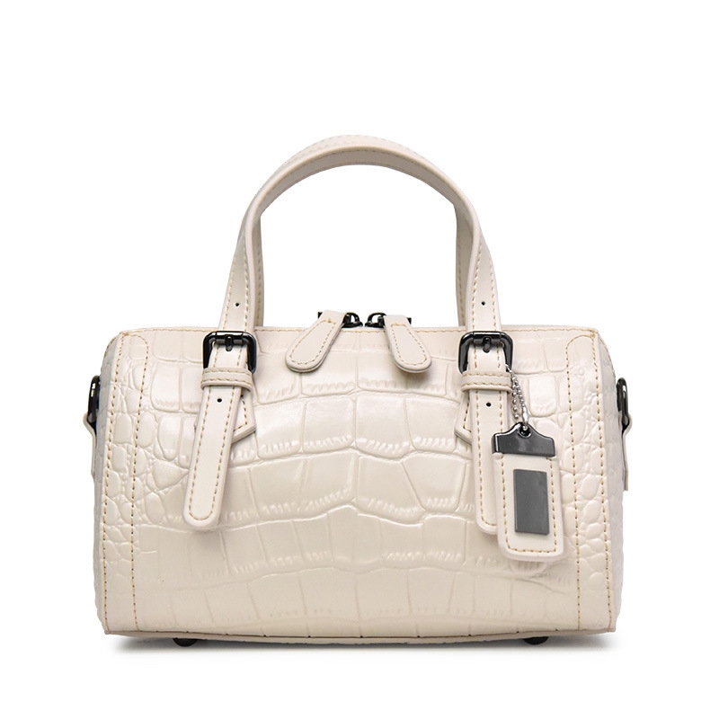 Women's White Croc Printed Leather Boston Handbags