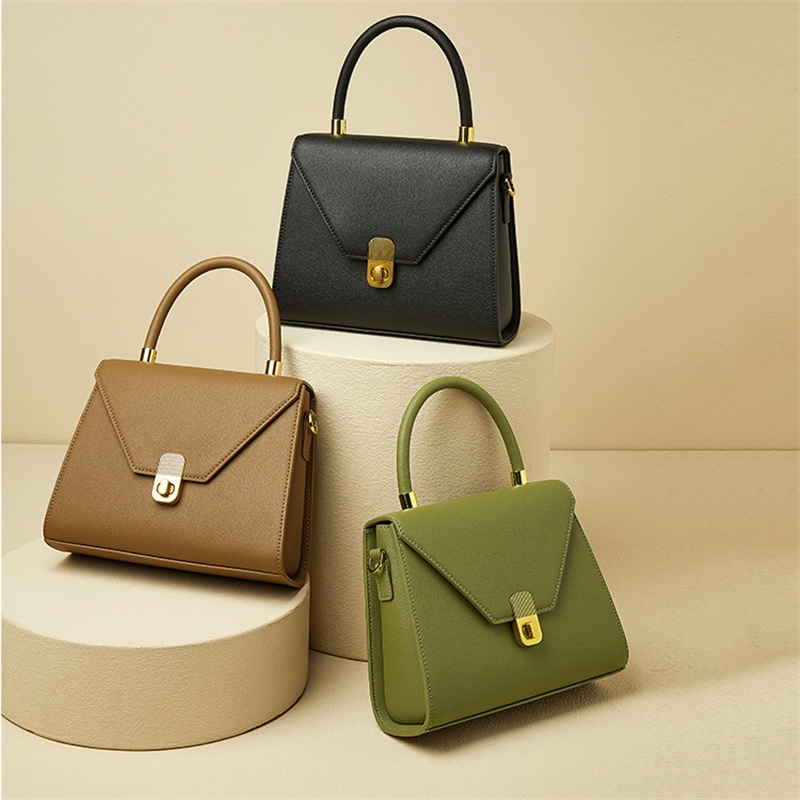 Women's Green Leather Classic Square Flap Handbag