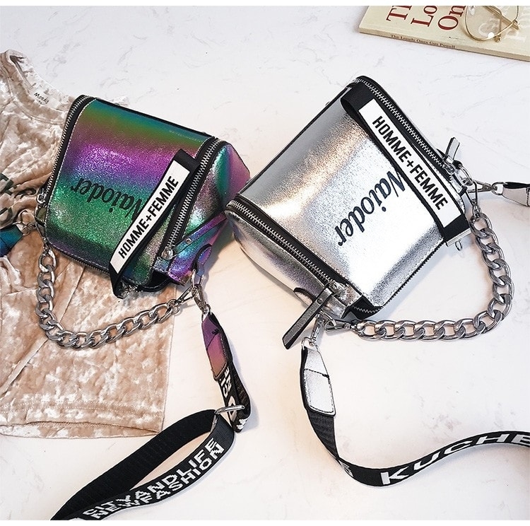 Women's Holographic Shoulder Bag with Chains