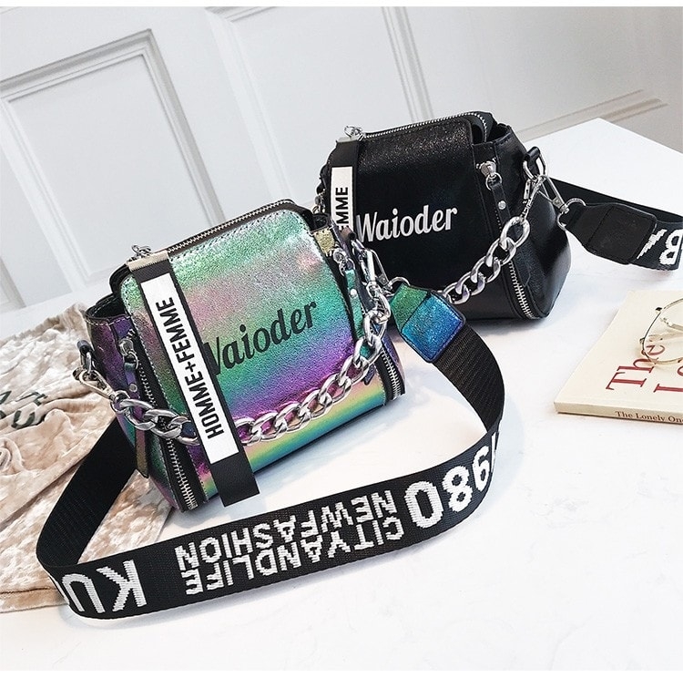 Women's Holographic Shoulder Bag with Chains