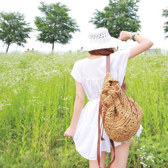 Women's Khaki Straw Backpack Bohemia Summer Bag for Travelling
