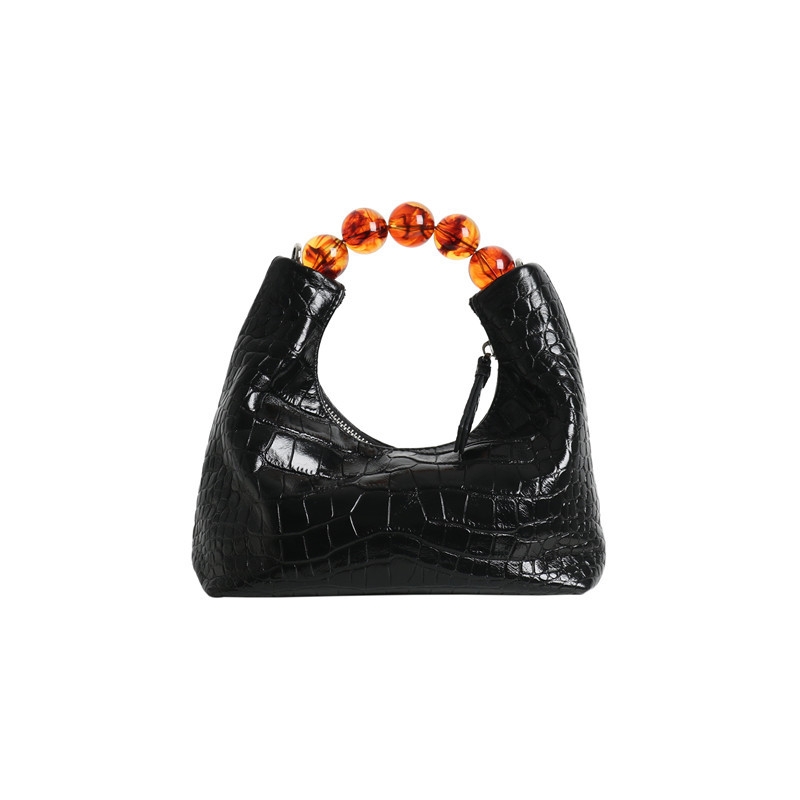 Women's BLack Leather Ball Handle Crocodile Pattern Handbag 