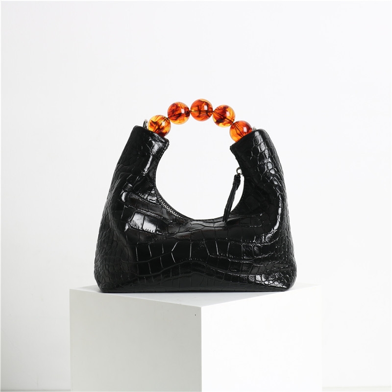 Women's BLack Leather Ball Handle Crocodile Pattern Handbag 