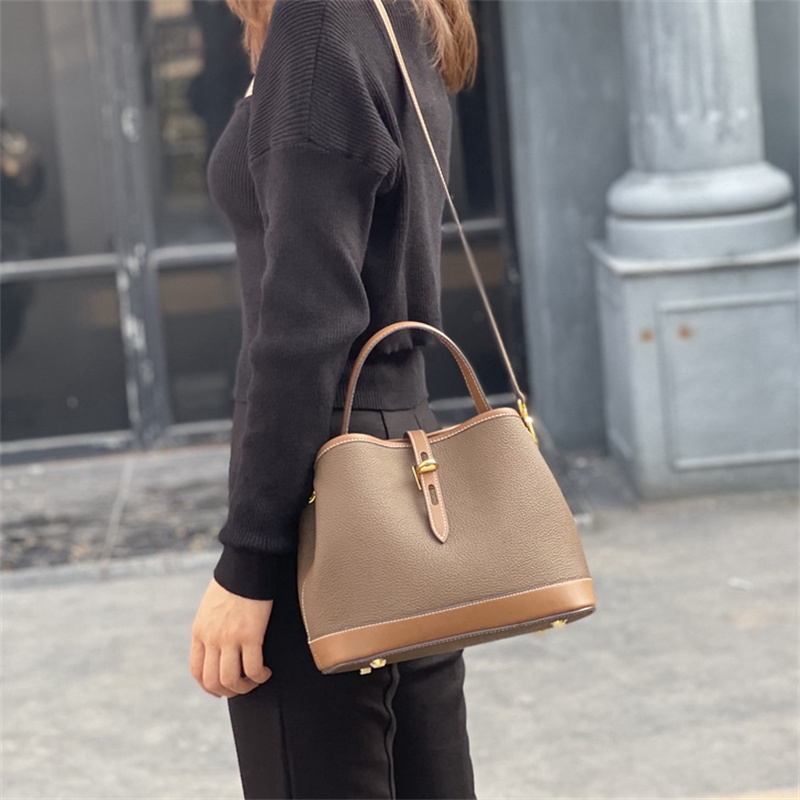 Women's Dark Brown Leather  Bucket Bag Litchi Partten Tote Bag 