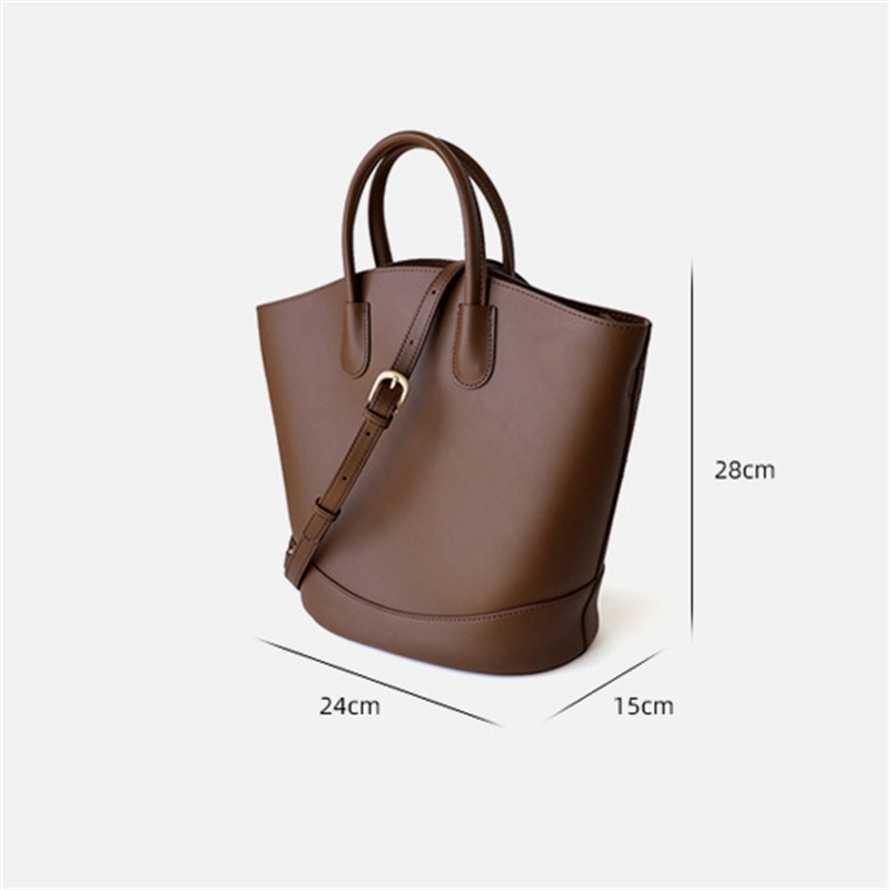 Women's Grey Leather Classic Bucket Handbag Large Size 