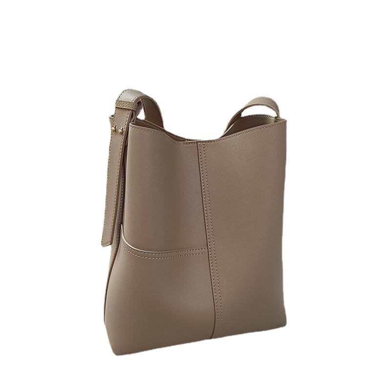 Women's Grey Leather High-grade Texture Bucket Bag