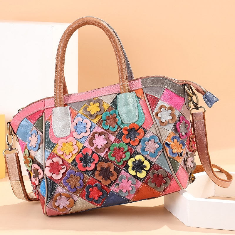 Women's Pink Flowers Leather Satchel Handbag Work Tote Bags