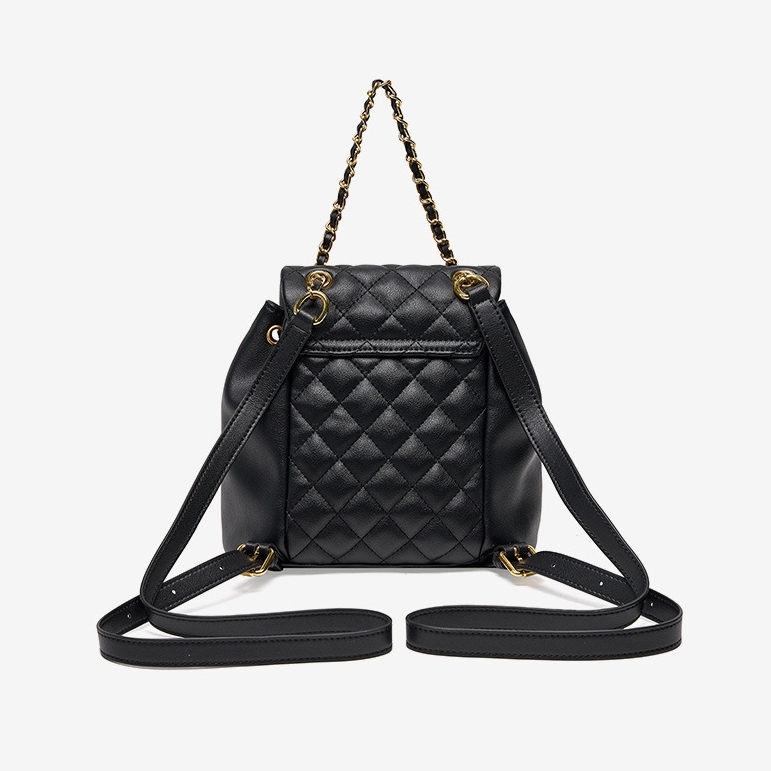 Women's Quilted Leather Flap Drew-string Mini Backpack