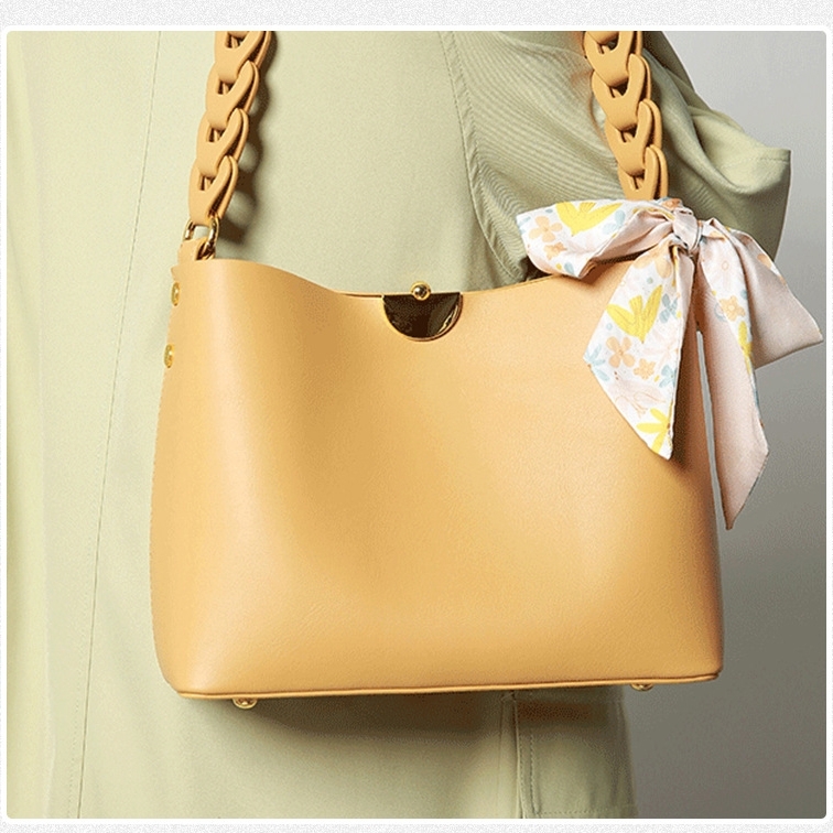 Women's Yellow Veagn Leather Bucket Handbags wiith Inner Pouch