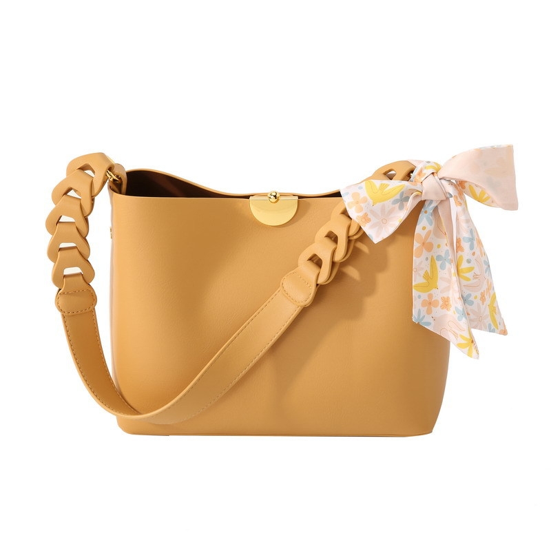Women's Yellow Veagn Leather Bucket Handbags wiith Inner Pouch