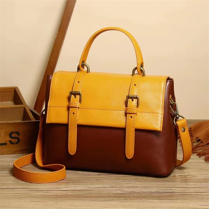 Women's Vintage Brown Leather Flap Stachel Handbag Shoulder Message Bags
