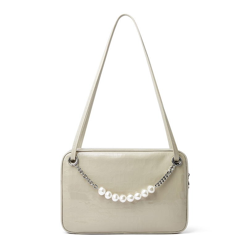 Women's White Croco Printed Square Zipper Shoulder Bags with Pearl and Chain