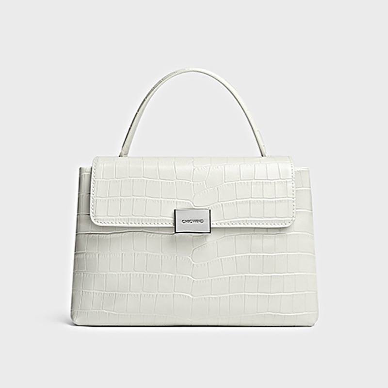 Women's White Croco Printed Top Handle Flap Satchel Handbags
