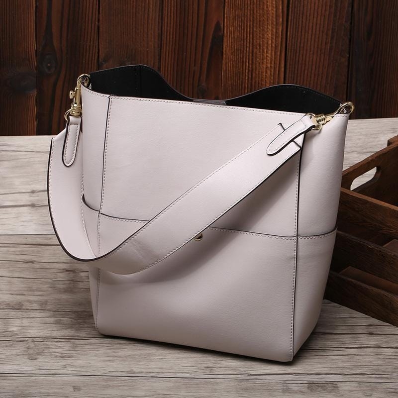 Women's Off-white Genuine Leather Shoulder Bucket Bag with Wide Strap 