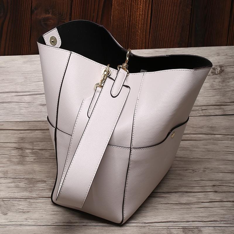Women's Off-white Genuine Leather Shoulder Bucket Bag with Wide Strap 