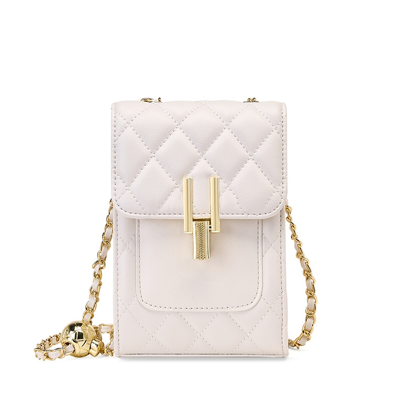Women's White Leather Quilted Chain Shoulder Square MIni Bags Cellphone Pouch