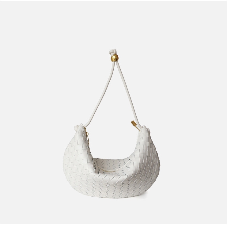Women' White Leather Woven Half Moon Shoulder Bags
