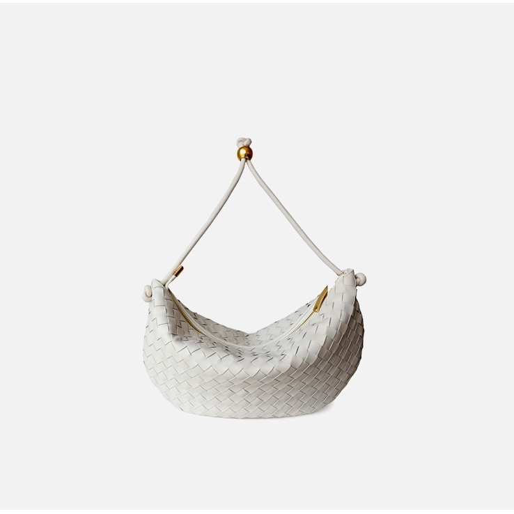 Women' White Leather Woven Half Moon Shoulder Bags