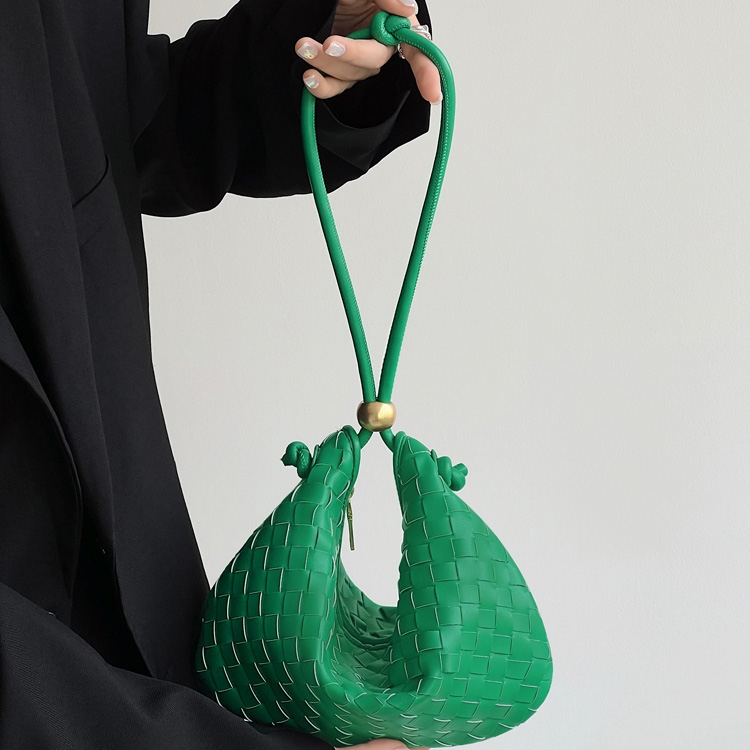 Women' Green Leather Woven Half Moon Shoulder Bags