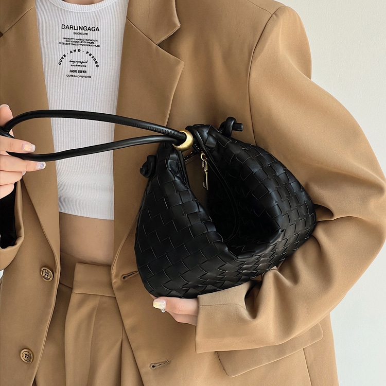 Women' Brown Leather Woven Half Moon Shoulder Bags