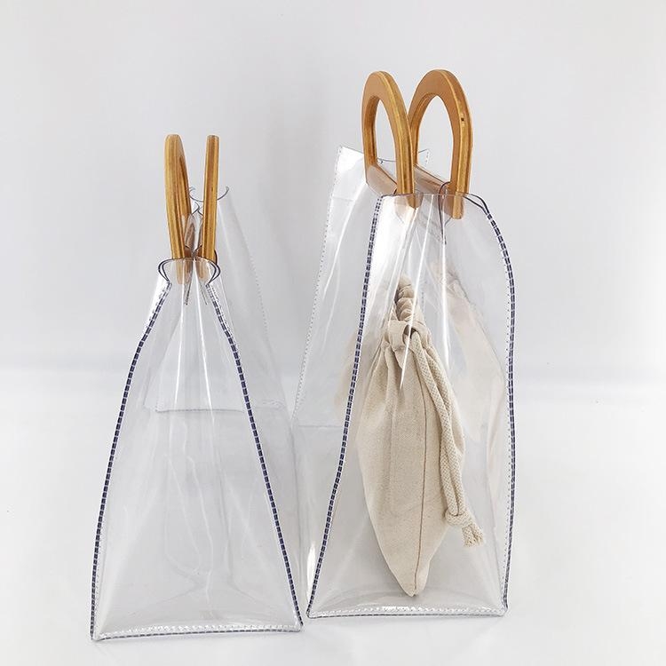 Wood Handle Vertical Clear Handbags Tote with Inner Pouch