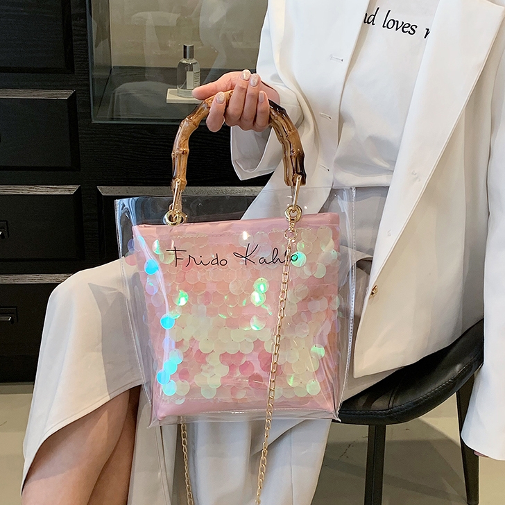 Pink Transparent Top Handle Tote Bag