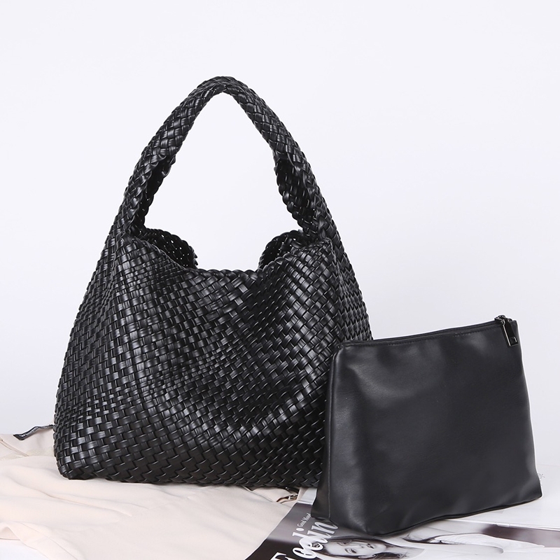 Black Woven Vegan Leather Basket Bag Handbags With Purse Insert | Baginning