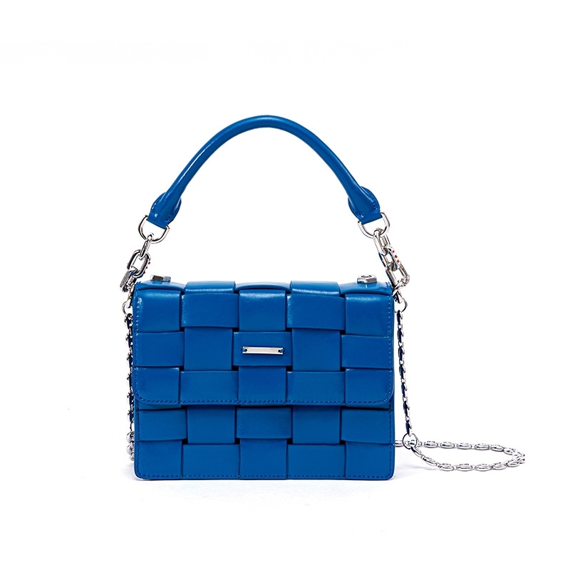 Royal Blue Woven Leather Chain Bag Top Handle Crossbody Bag