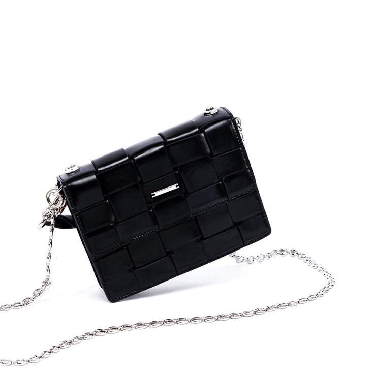 Black Woven Leather Chain Bag Top Handle Crossbody Bag