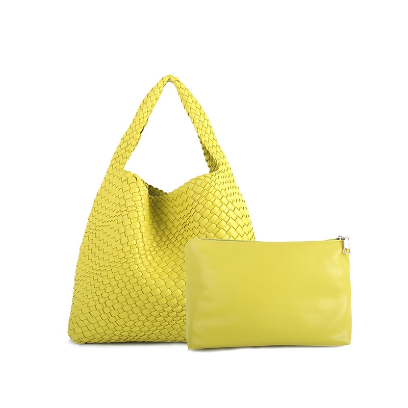 Lemon Yellow Woven Vegan Leather Basket Bag Handbags With Purse Insert