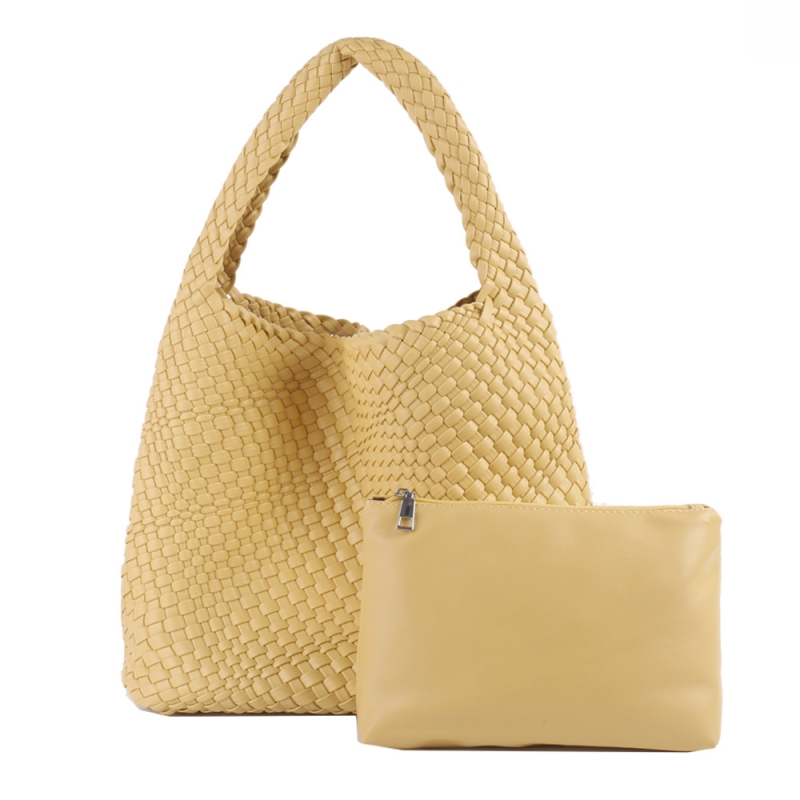 Yellow Woven Vegan Leather Basket Bag Handbags With Purse Insert