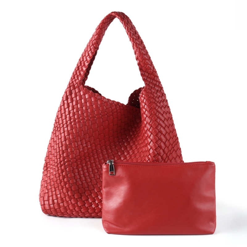 Red Woven Vegan Leather Basket Bag Handbags With Purse Insert