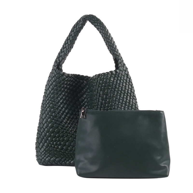Dark Green Woven Vegan Leather Basket Bag Handbags With Purse Insert