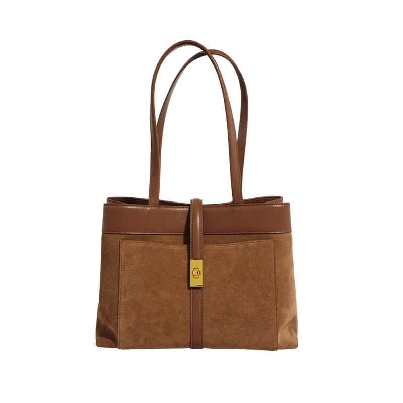 Women's Brown Leather Suede Shoulder Tote Bag