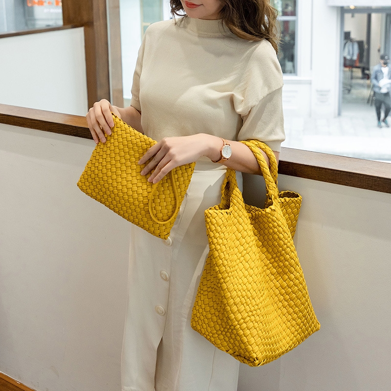 Yellow Woven Vegan Leather Shopper Bag Large Handbag Soft Purse for Work