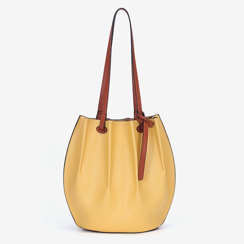 Yellow Leather Soft Bucket Bag Top Handle Handbag with Inner Purse