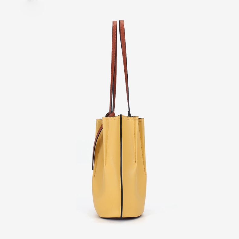 Yellow Leather Soft Bucket Bag Top Handle Handbag with Inner Purse