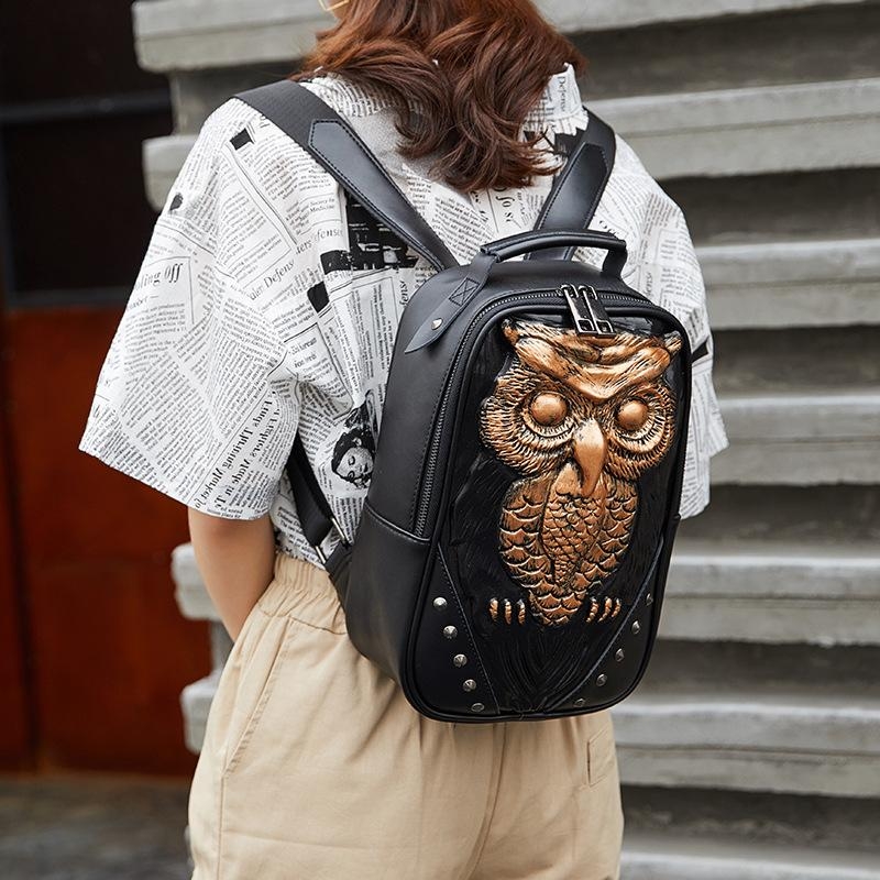 Black Genuine Leather Owl Embossed Everyday Backpack