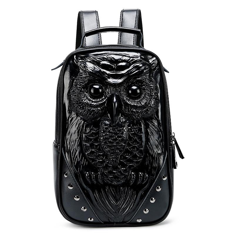 Black Genuine Leather Owl Embossed Everyday Backpack