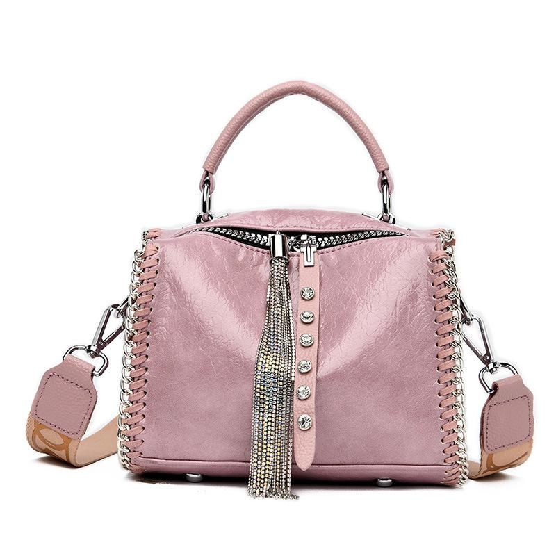 Pink Leather Crystal Tassel Wide Strap Retro Crossbody Bag