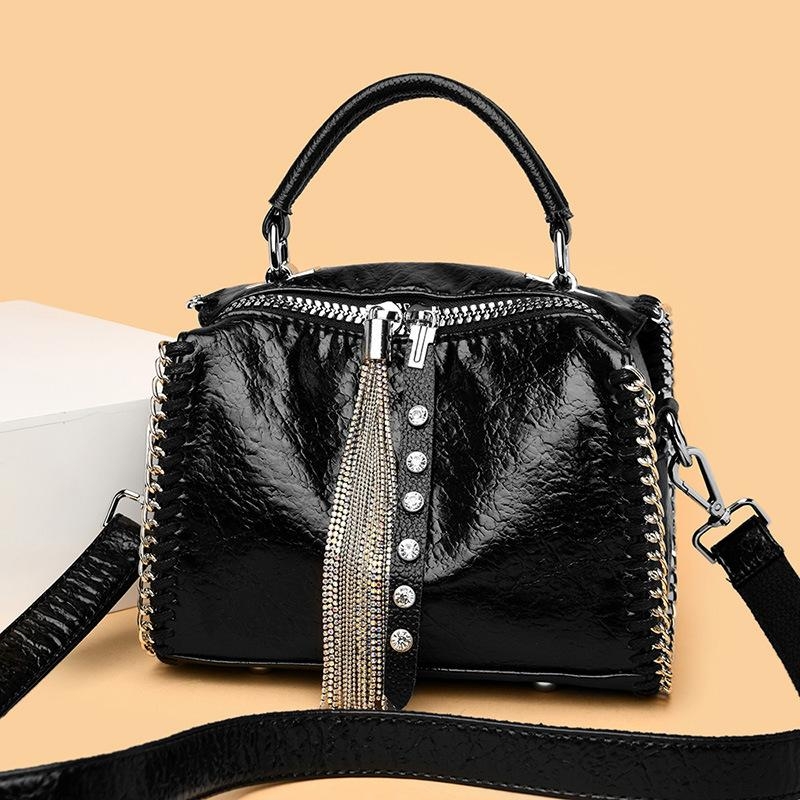 Black Leather Crystal Tassel Wide Strap Retro Crossbody Bag