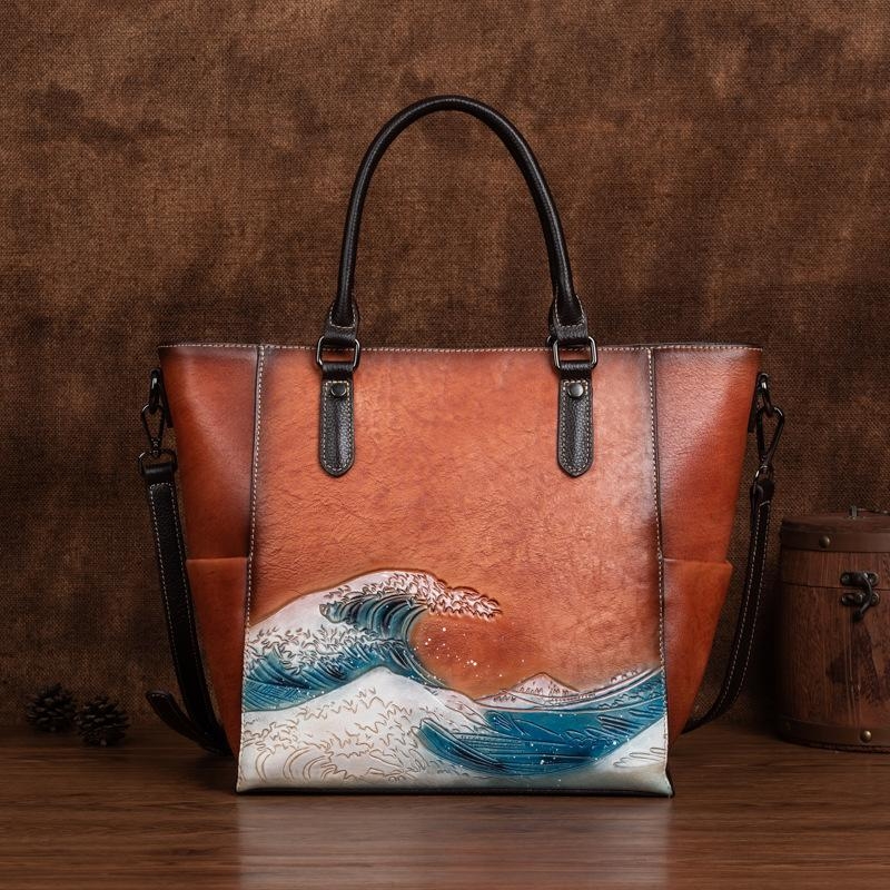 Brown Leather Vintage Tote Handbag Spray Print Large Travel Bags
