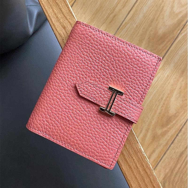 Pink Litchi Grain Genuine Leather Wallet Short Wallet for Women