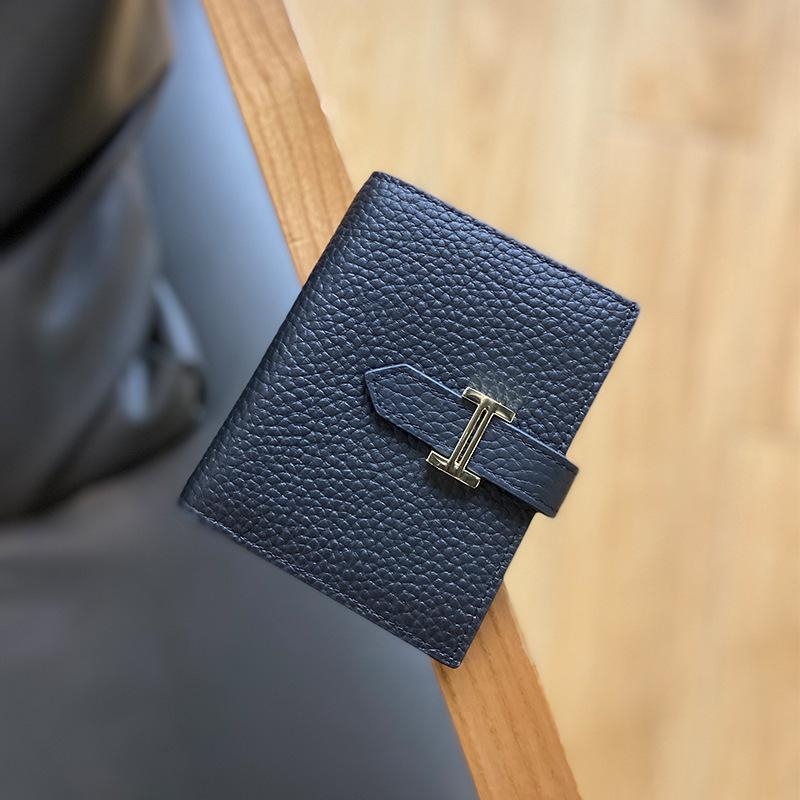 Brown Litchi Grain Genuine Leather Wallet Short Wallet for Women