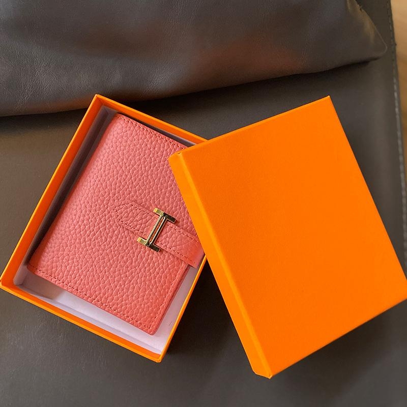 Pink Litchi Grain Genuine Leather Wallet Short Wallet for Women