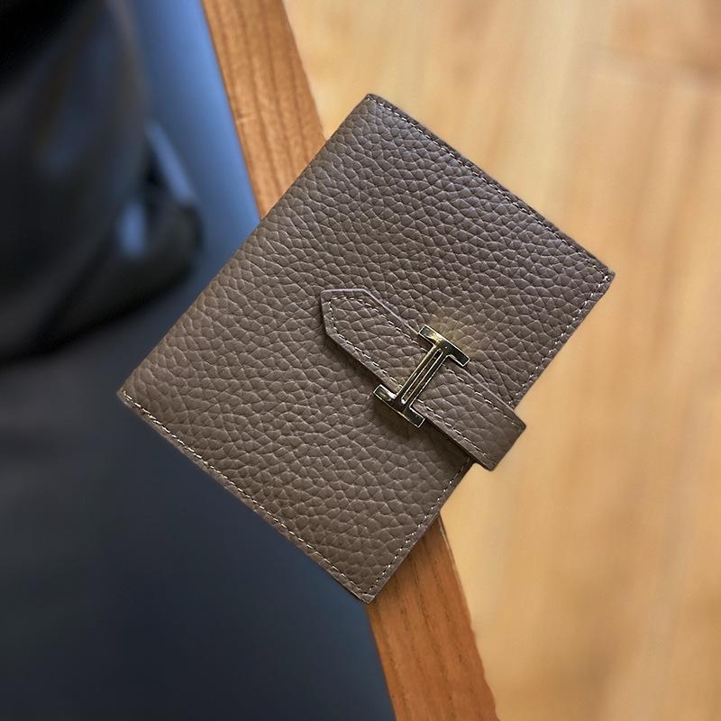 Black Litchi Grain Genuine Leather Wallet Short Wallet for Women