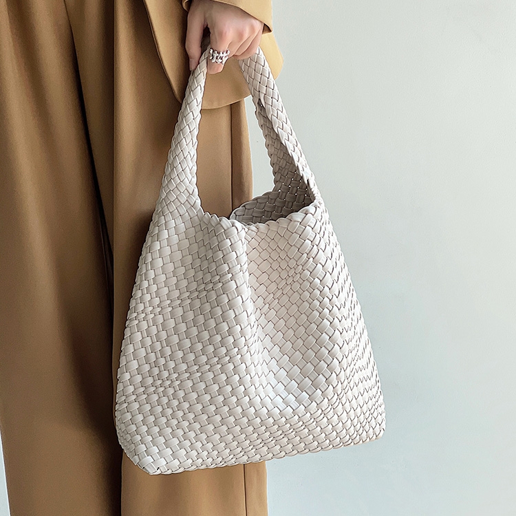 White Woven Vegan Leather Basket Bag Handbags with Purse Insert