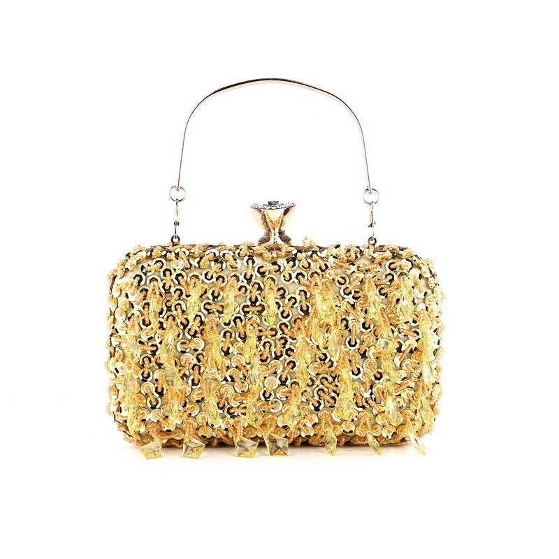 Gold Sequins Top Handle Evening Box Clutch Purse With Chain Strap
