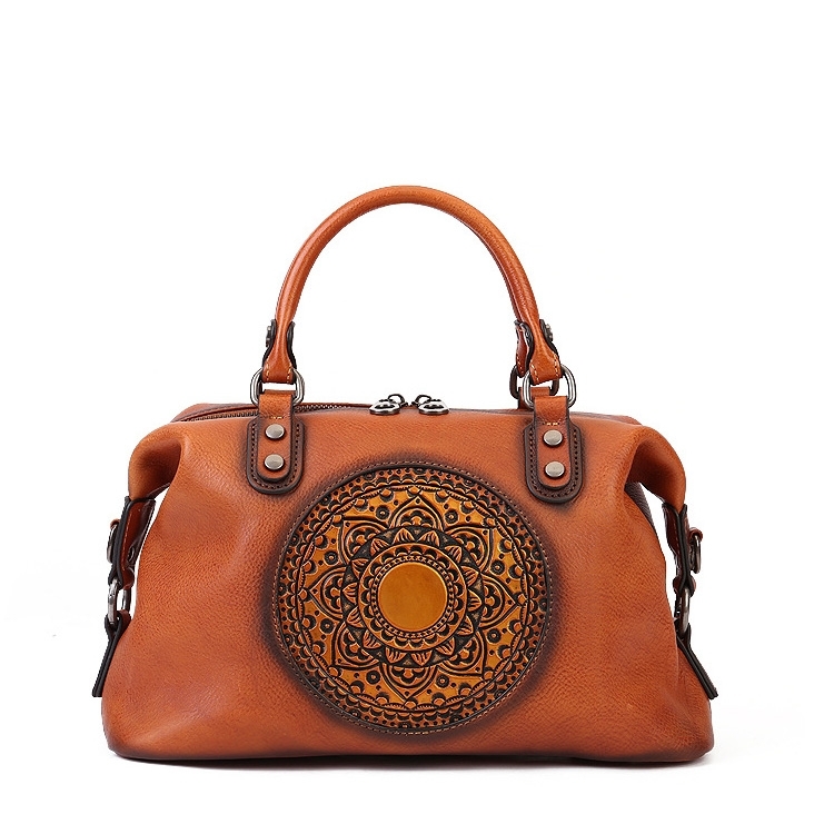 Women's Brown Leather Boston Bags Travel Handbag