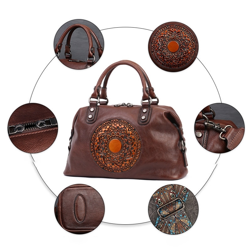 Women's Brown Leather Boston Bags Travel Handbag